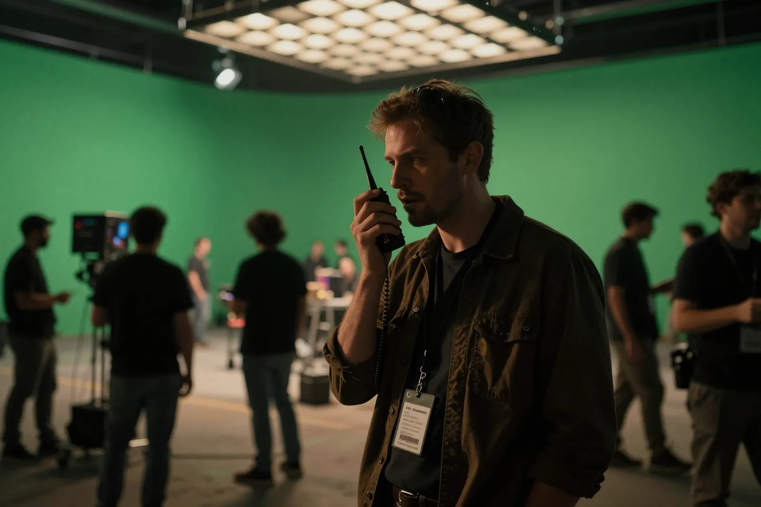Assistant director coordinating crew on a soundstage