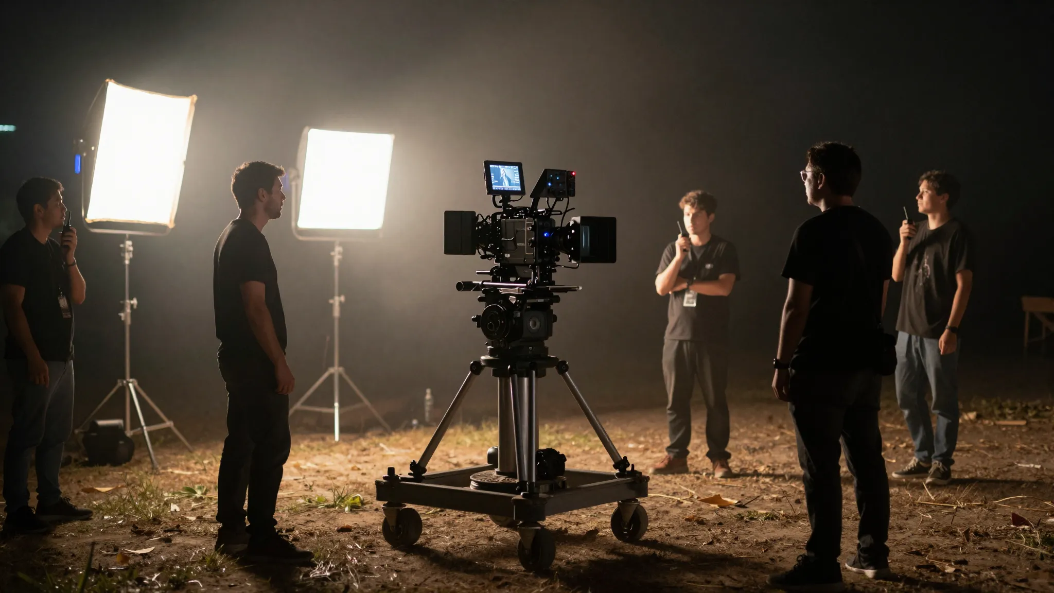 Film crew shooting a night exterior scene